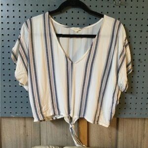 SIM & SAM blue & pink vertical striped short sleeve V-neck top.Ties at bottom